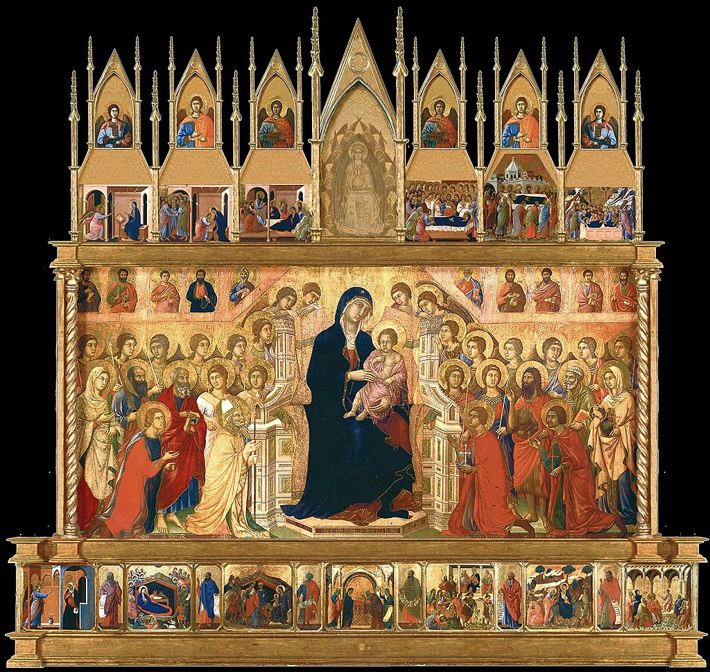 Italian medieval altarpieces: Duccio di Buoninsegna, Maestá (front view), 1311, Museo dell’Opera Metropolitana del Duomo, Siena, Italy.
