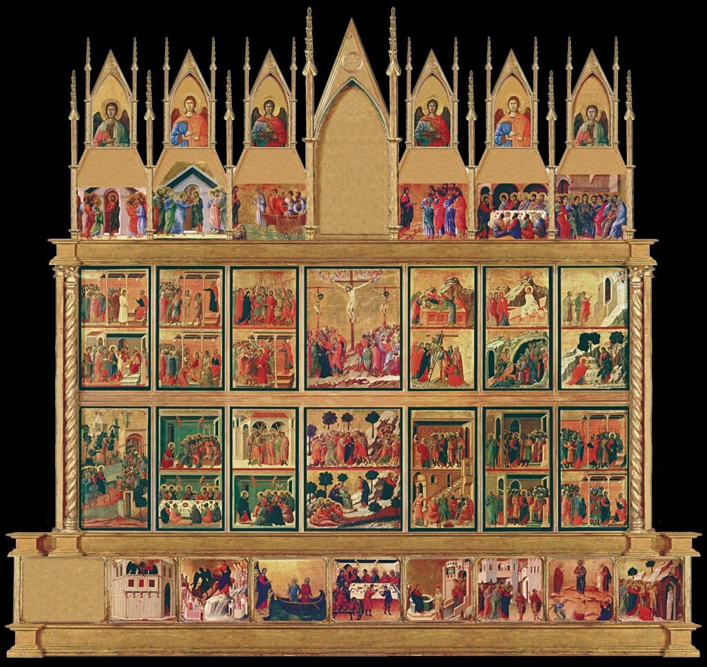 Italian medieval altarpieces: Duccio di Buoninsegna, Maestá (back view), 1311, Museo dell’Opera Metropolitana del Duomo, Siena, Italy.
