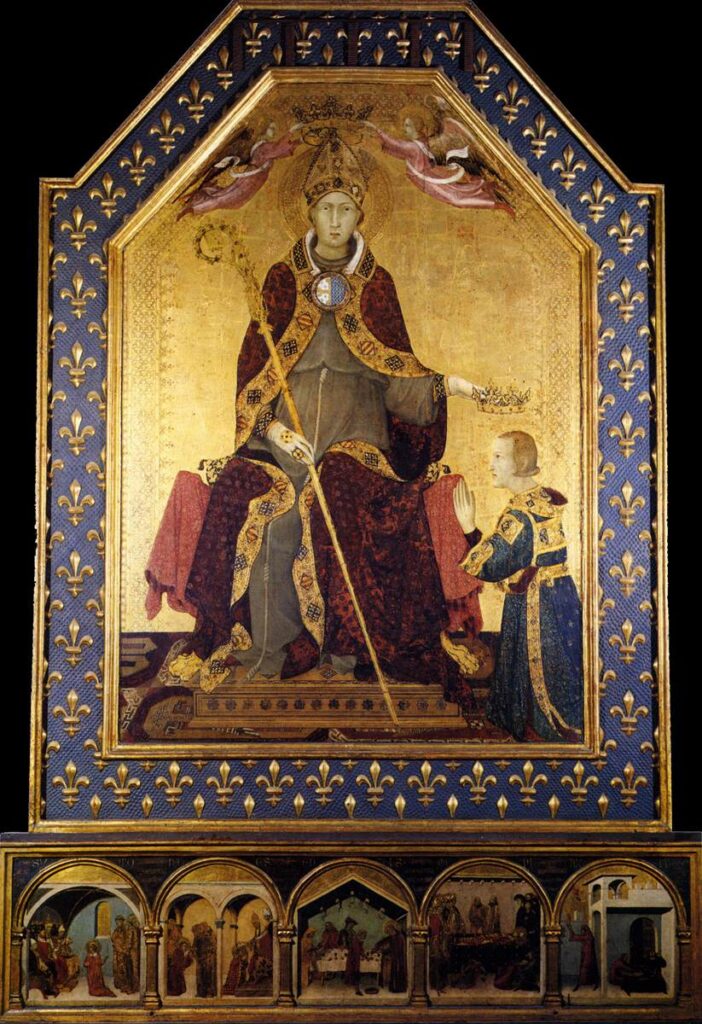 Italian medieval altarpieces: Simone Martini, Saint Louis of Toulouse Crowns Roberto d’Anjou, 1317, National Museum of Capodimonte, Naples, Italy.
