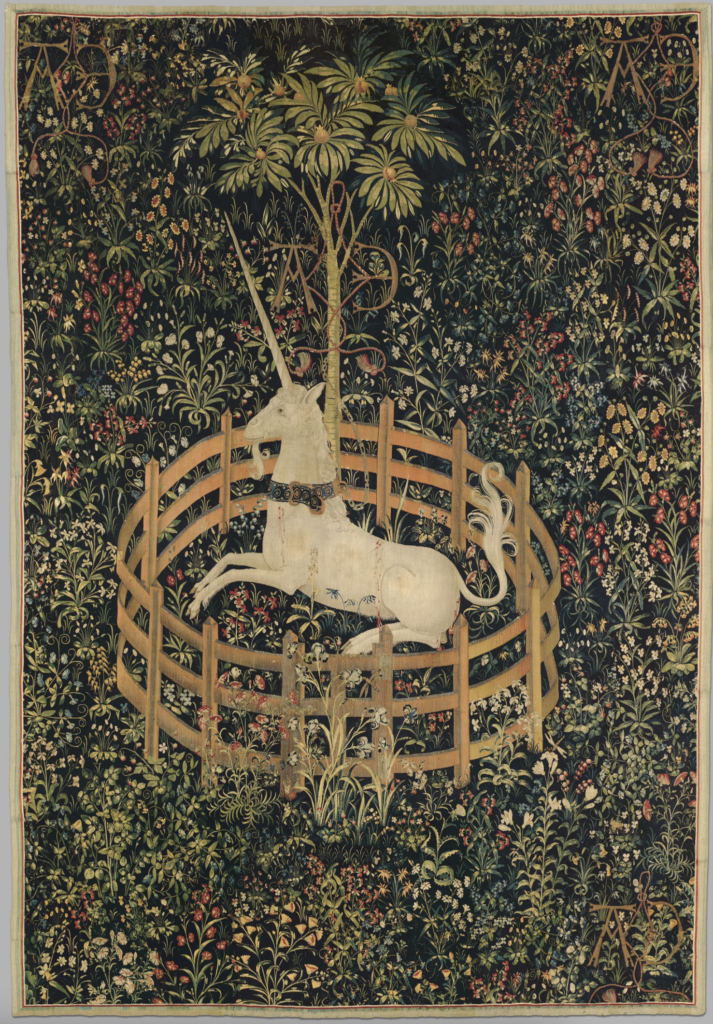famous tapestries: The Unicorn in Captivity, from The Unicorn Tapestries, 1495-1505, The Met Cloisters, New York City, NY, USA.
