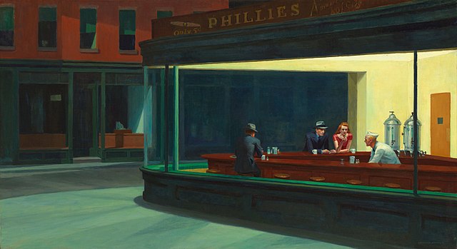 hopper 10 paintings: Edward Hopper, Nighthawks, 1942, Art Institute of Chicago, Chicago, IL, USA.
