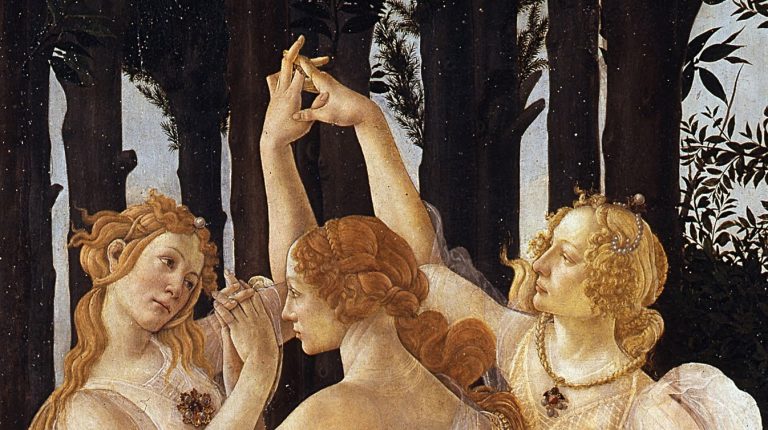 Three Graces Paintings: The Three Graces in Sandro Botticelli, Primavera, ca. 1482–1485, Uffizi, Florence, Italy. Detail.
&nbsp;
