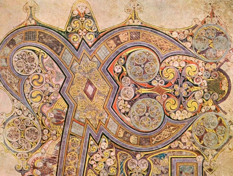 medieval Irish art: The Book of Kells, c. 800 CE, Trinity College Library, Dublin, Ireland. Detail.
