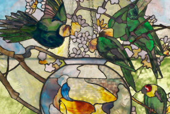 Louis Comfort Tiffany, Parakeets and Goldfish Bowl, 1889, glass, lead, copper, bronze, Museum of Fine Arts, Boston, MA, USA. Detail.