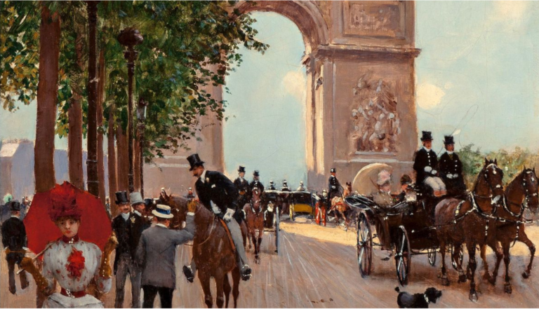 Parisian landmarks painting: Jean-Georges Béraud, Arc de Triomphe, Champs-Élysées, c. 1882–1886. Pinterest. Detail.
