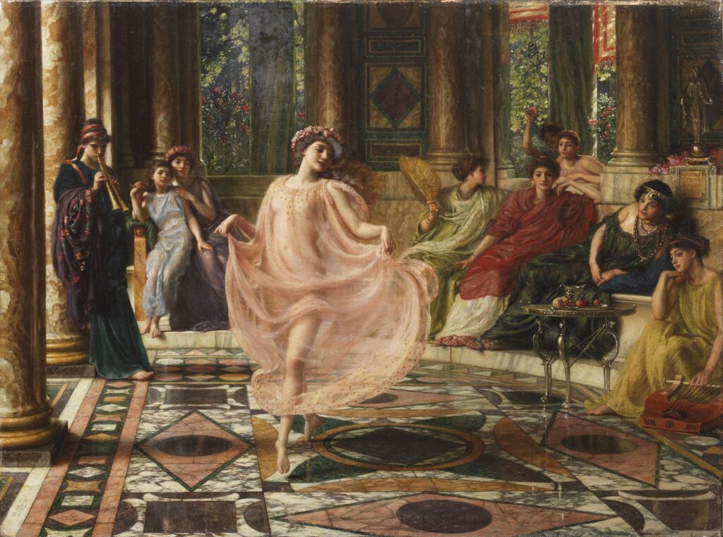 dance paintings: Edward Poynter, The Ionian Dance, 1895, private collection. Wikimedia Commons (public domain).
