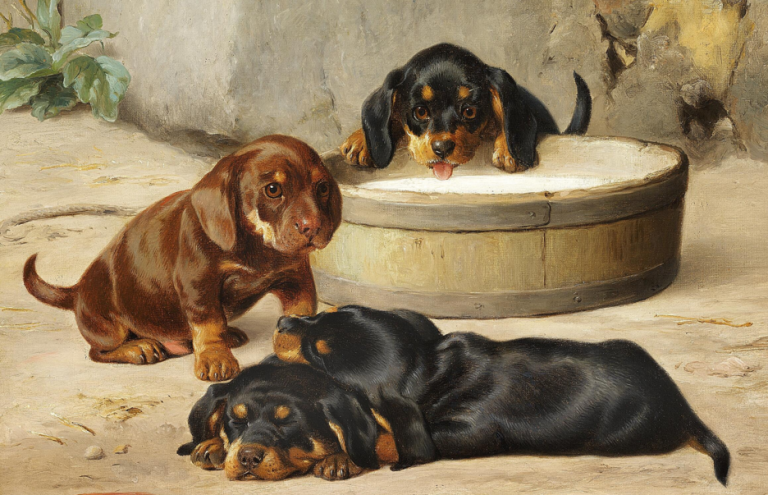 dachshunds in art: Otto Bache, Dachshund puppies, ca. 1866, private collection. Wikimedia Commons (public domain). Detail.

