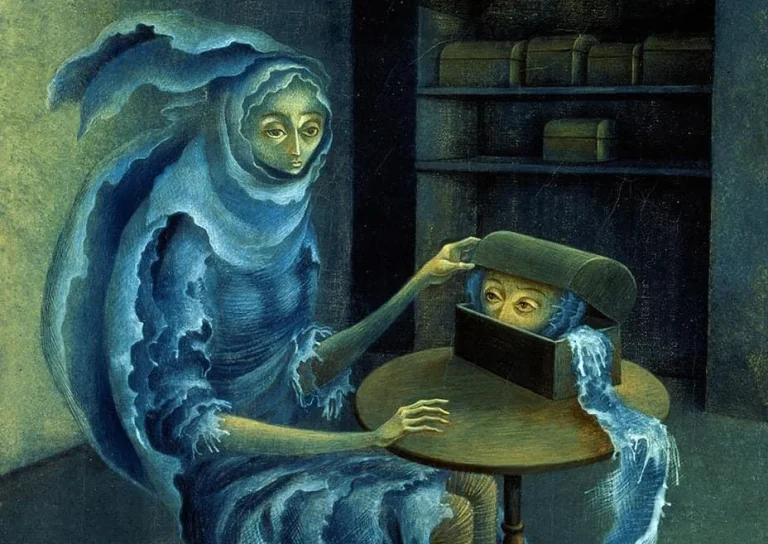 Remedios Varo: Remedios Varo, Encounter, 1959, private collection. Remedios-varo.com. Detail.
