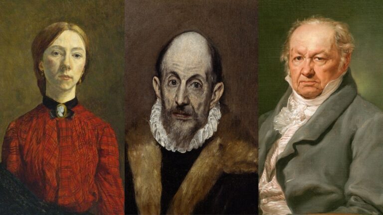 migrant artists: Left: Gwen John, Self-Portrait, 1902, Tate Britain, London, UK. Detail; middle: El Greco, Portrait of an Old Man, 1541, Metropolitan Museum of Art, New York City, NY, USA. Detail; right: Vicente López Portaña, Portrait of Francisco de Goya, 1826, Museo del Prado, Madrid, Spain. Detail.
