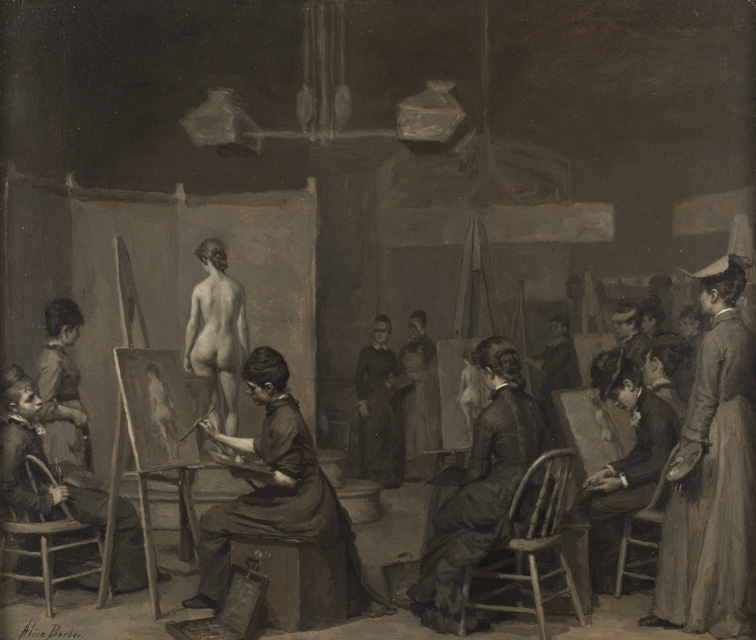 women in art academies: Alice Barber, Women’s Life Class, 1879, Pennsylvania Academy of Fine Arts, Philadelphia, PA, USA.

