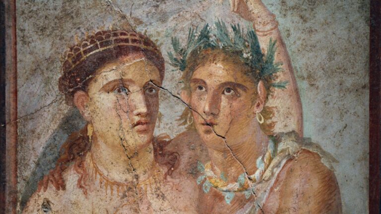 Shocking Art Pompeii: Fragment of wall painting depicting a satyr and a maenad, House of Caecilius Jucundus in Pompeii, Naples National Archaeological Museum, Naples, Italy. Photograph by Carole Raddato via Wikimedia Commons (CC BY-SA 2.0). Detail.
