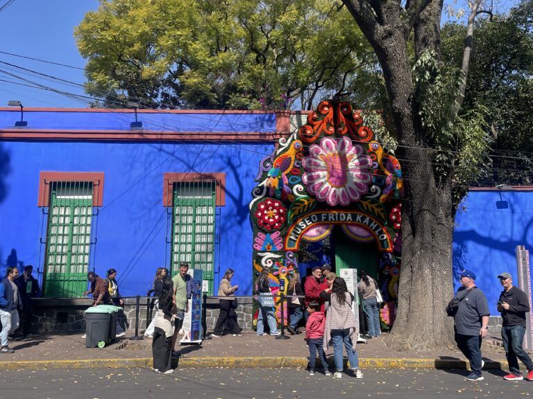 Frida Kahlo House: View of entrance to Frida Kahlo Museum, Mexico City. Photo by Terin Christensen, 2025.
