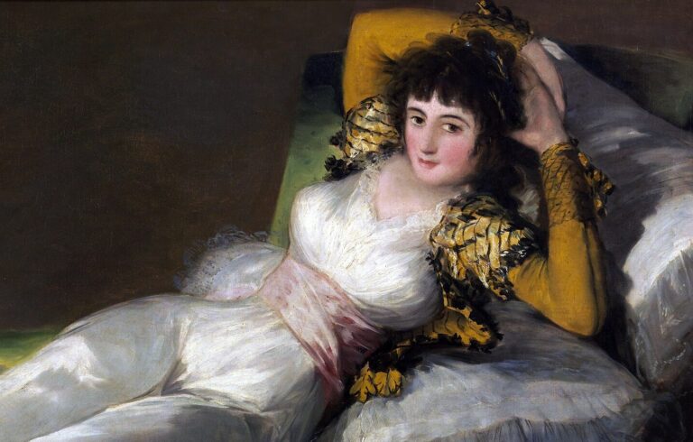 Francisco Goya paintings: Francisco Goya, Clothed Maja, 1800–1807, Museo del Prado, Madrid, Spain. Detail.
