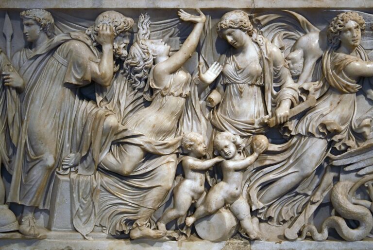 Mother goddess: Medea Sarcophagus, 140–150 CE, Altes Museum, Berlin, Germany. Photograph by Dosseman via Wikimedia Commons (CC BY-SA 4.0). Detail.
