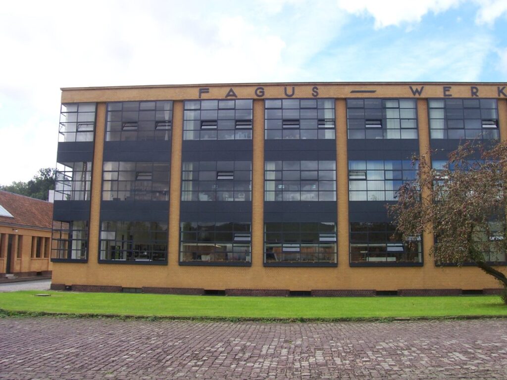 bauhaus buildings: Walter Gropius, Adolf Meyer, Fagus Factory, 1911–1913, Alfeld, Germany. Photograph by Traveler100 via Wikimedia Commons (CC BY-SA 3.0),
