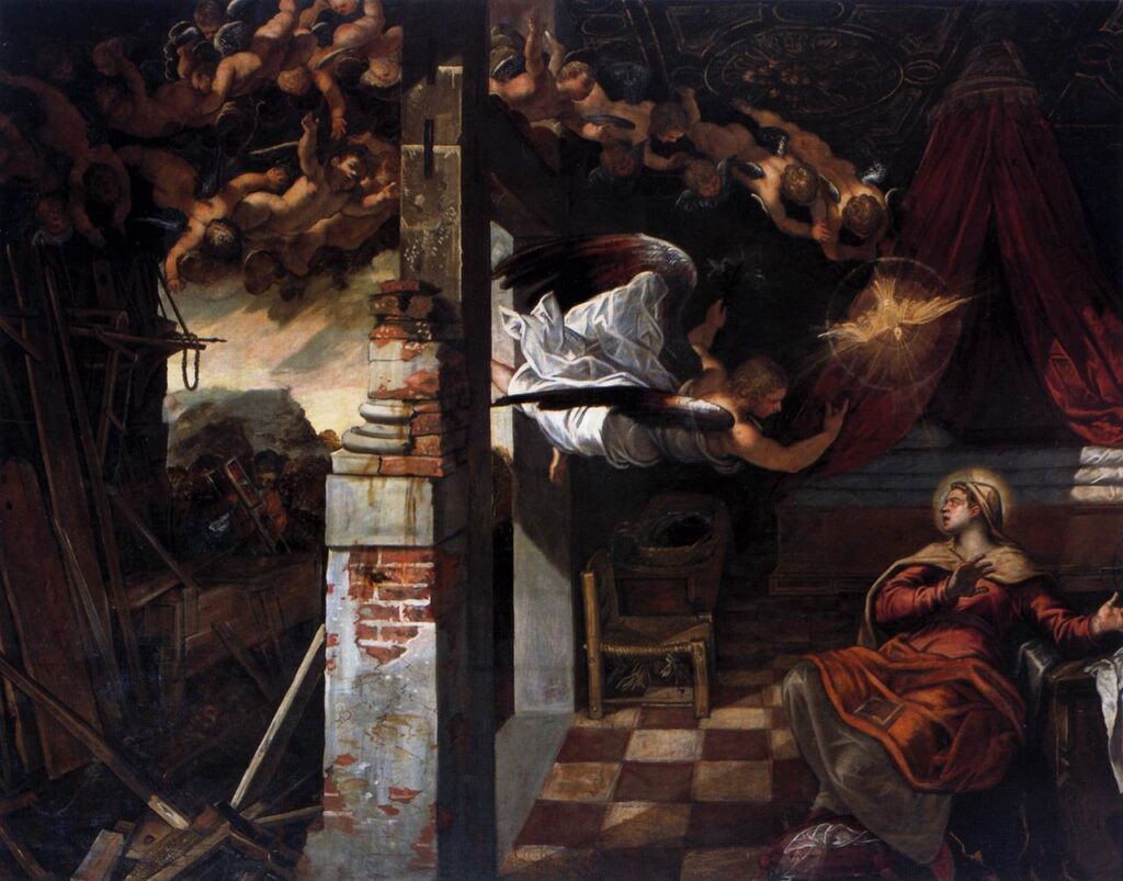 venetian painting: Tintoretto, The Annunciation, 1582–1587, Scuola Grande di San Rocco, Venice, Italy.
