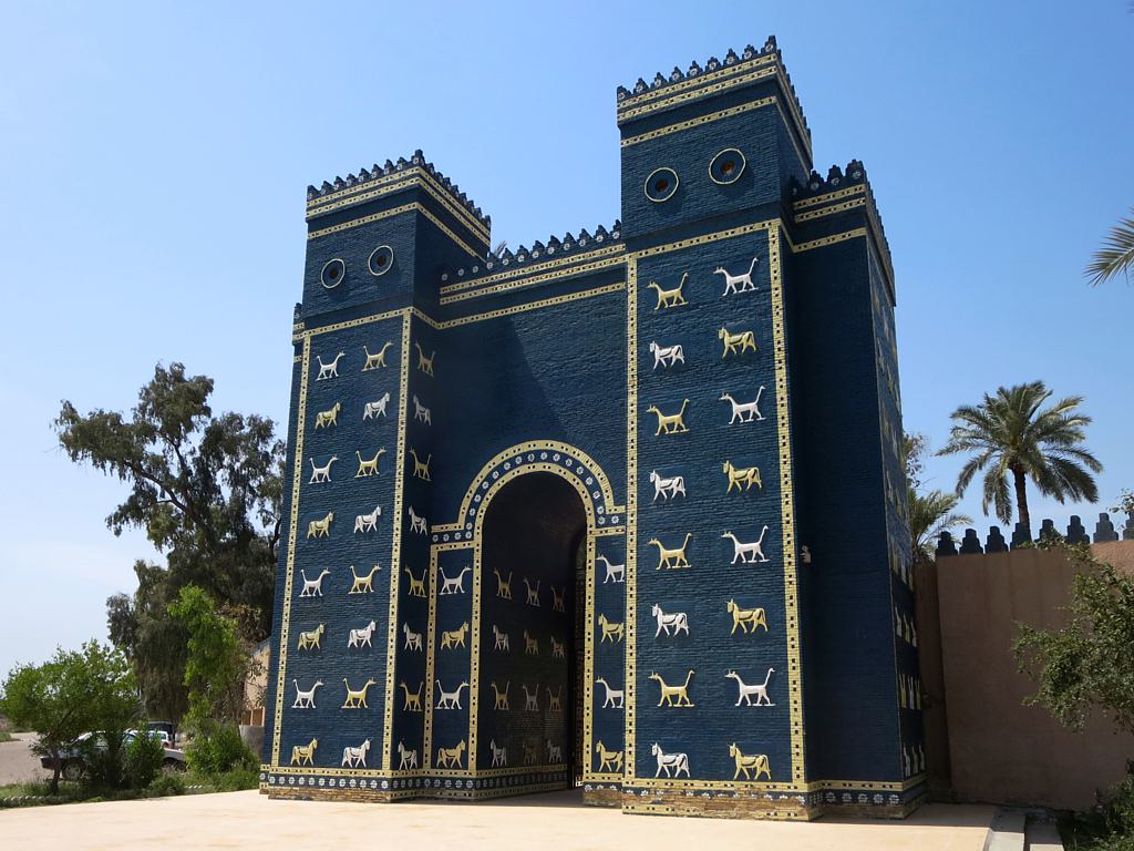 Ishtar gate babylon: Replica of the Ishtar Gate in 2016, Hilla, Iraq. Photograph by Babil Hilla via Flicker.
