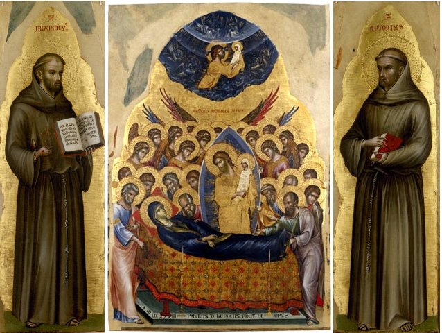venetian painting: Paolo Veneziano, Dormition of the Virgin, Saint Francis of Assisi, Saint Anthony of Padua, 1333, Musei Civici di Vicenza, Vicenza, Italy.
