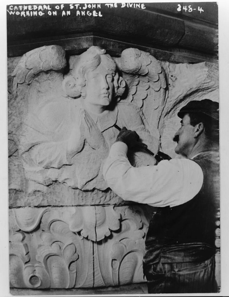 Italian Craftsmanship: Man working on Cathedral of St. John the Divine, 1909, Library of Congress, Washington, DC, USA.
