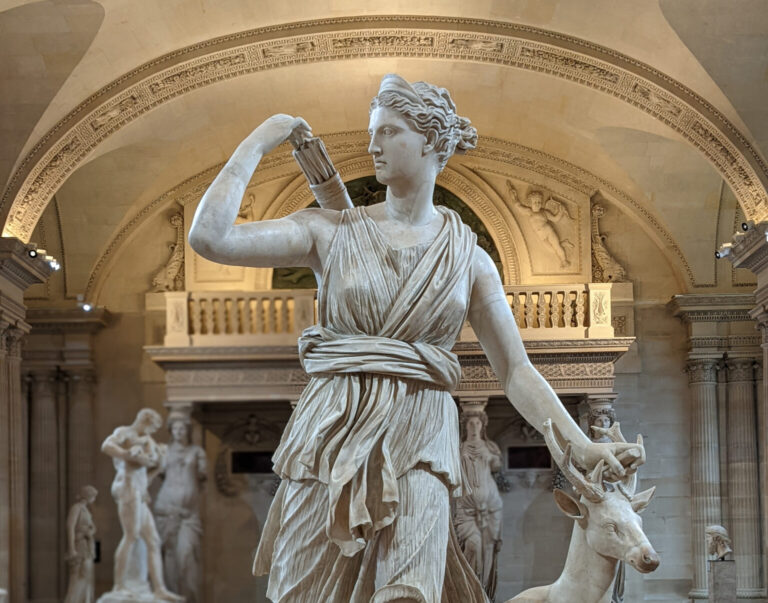 diana in art: Diana of Versailles, 1st or 2nd century CE, Louvre, Paris, France. Photograph by Shonagon via Wikimedia Commons (CC0). Detail.
