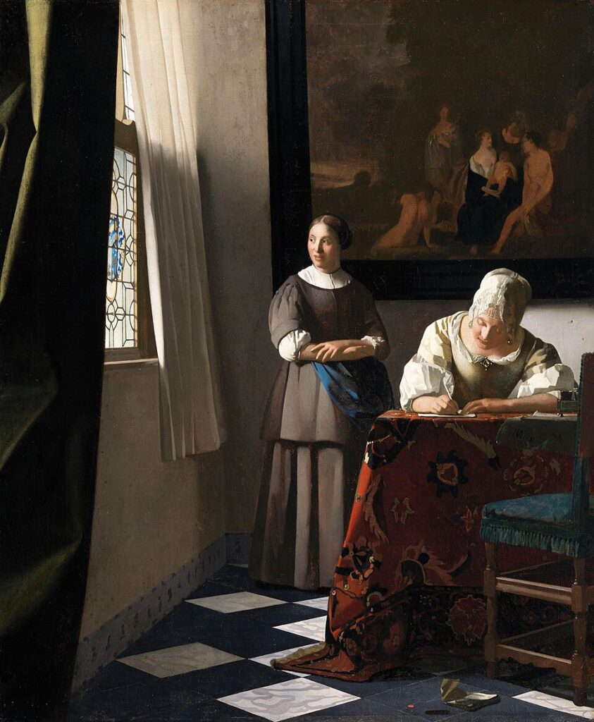 Vermeer's Love Letters: Johannes Vermeer, Lady Writing a Letter, with her Maid, ca. 1670–1672, National Gallery of Ireland, Dublin, Ireland. Image © National Gallery of Ireland. Press material.
