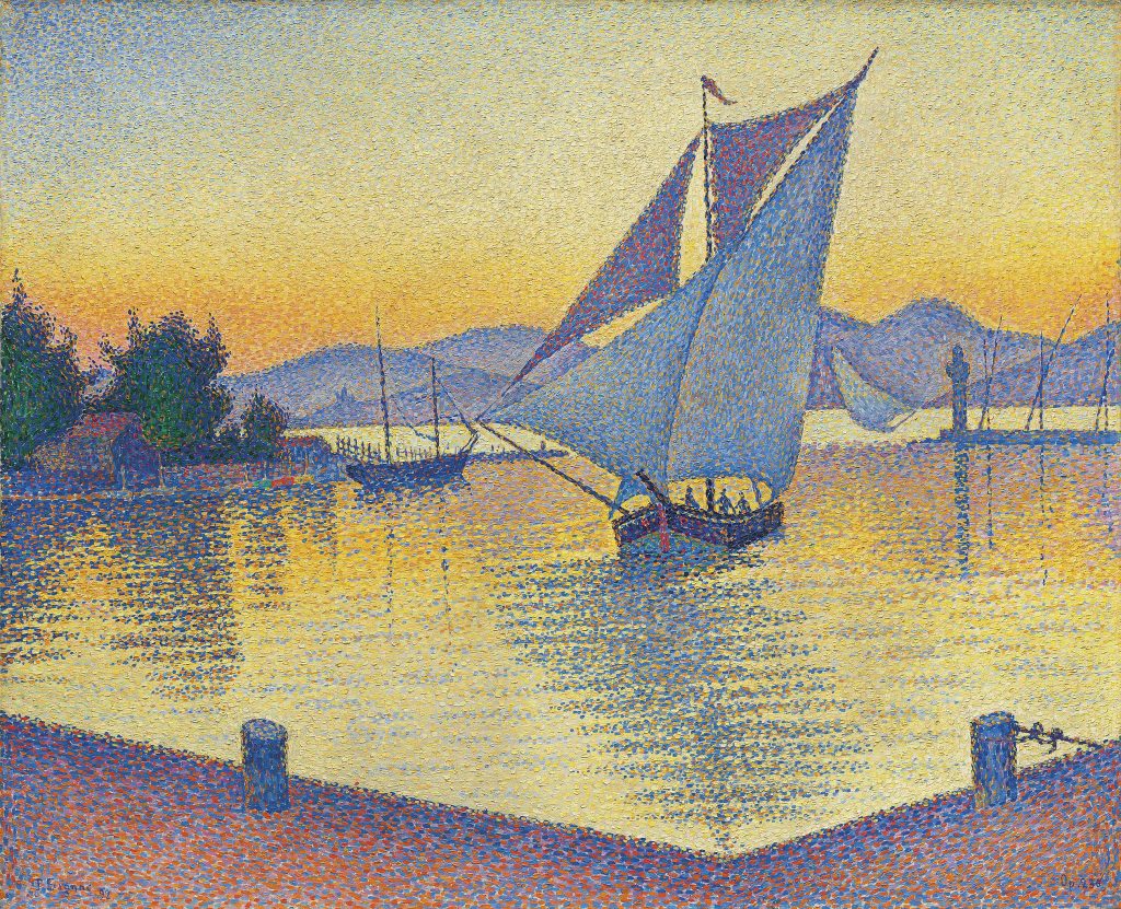 color theory: Paul Signac, The Port at Sunset, Opus 236 (Saint-Tropez), 1892, Museum Barberini, Potsdam, Germany.
