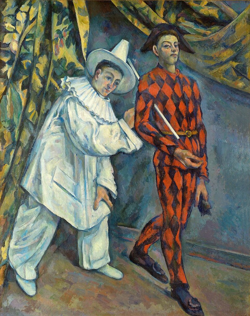 color theory: Paul Cézanne, Pierrot and Harlequin, 1898, Pushkin Museum of Fine Arts, Moscow, Russia. Wikimedia Commons (public domain).
