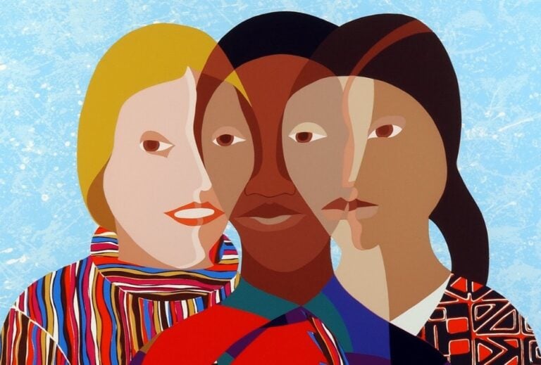 elizabeth catlett: Elizabeth Catlett, Three Women of America, 1990, private collection. Google Arts & Culture. Detail.
