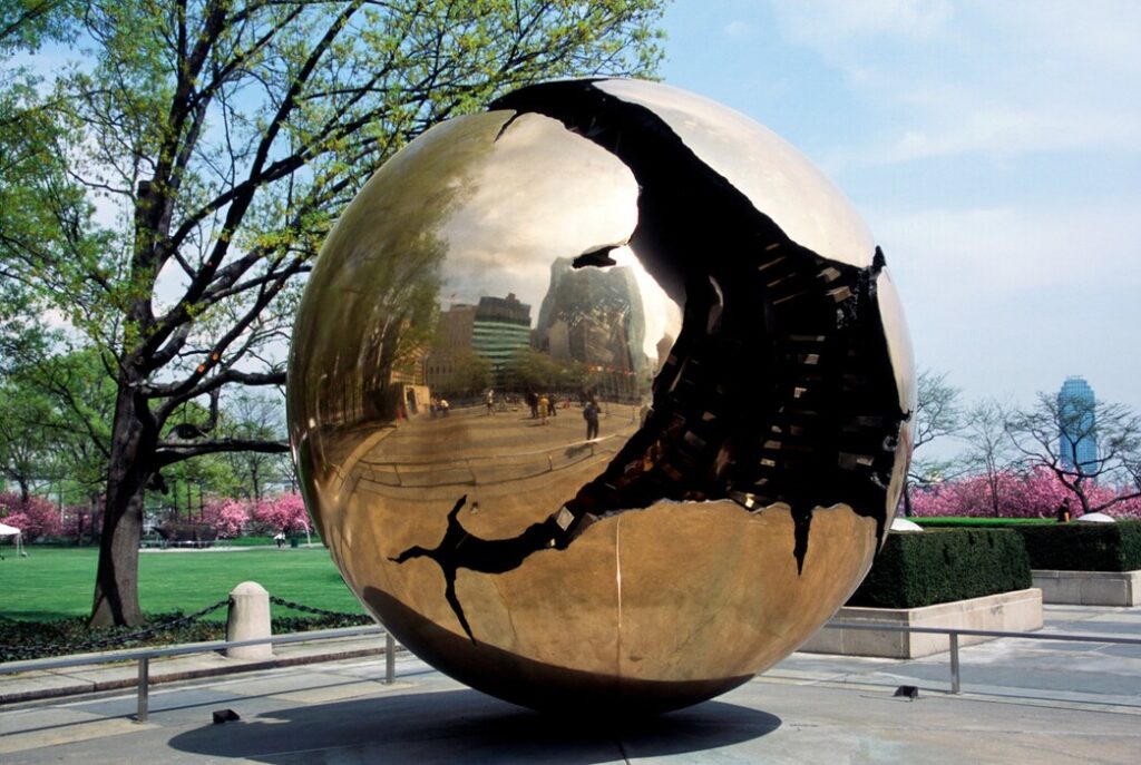 Arnaldo Pomodoro: Arnaldo Pomodoro, Sphere Within Sphere, 1996, United Nations Art Collection, New York City, NY, USA. UN.
