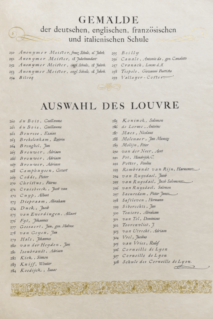 Schloss collection: An inventory page from a bound volume listing the Schloss paintings chosen for the Führermuseum and those selected by the Louvre. Monuments Men and Women Foundation.
