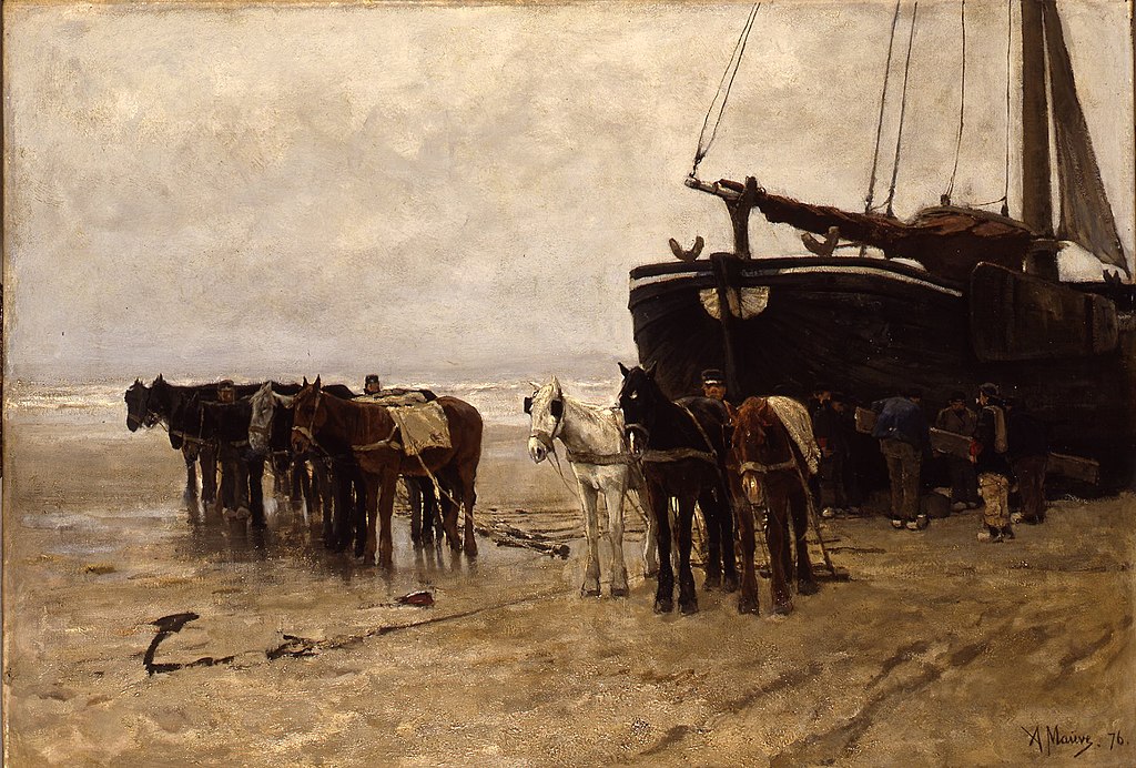 Isaac Israëls: Anton Mauve, Fishing Boat with Tow Horses at Scheveningen Beach, 1876, Dordrechts Museum, Dordrechts, Netherlands.
