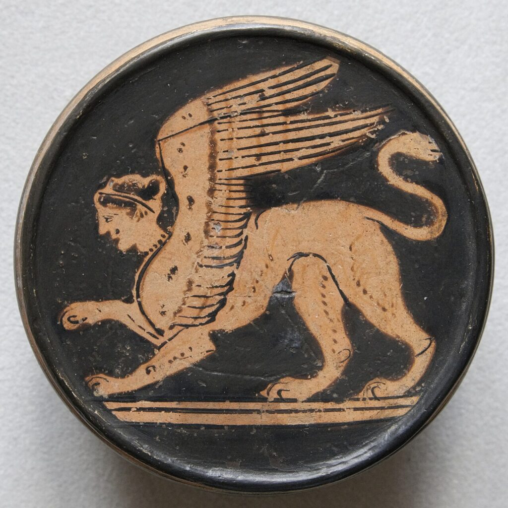 sphinx in art: Sphinx, Attic red-figure pyxis, 5th century BCE, Bibliothèque nationale de France, Paris, France. Photograph by Marie-Lan Nguyen via Wikimedia Commons (CC BY 2.5).
