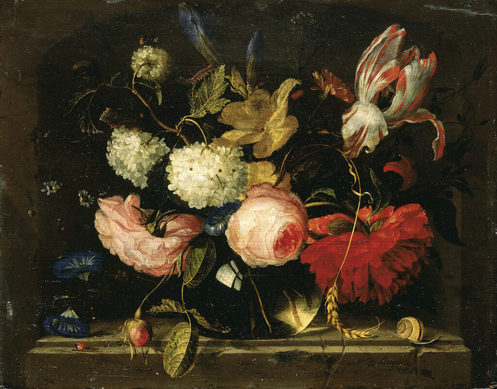 Schloss collection: Jacob van Walscapelle, Roses, Irises, Carnations, Daffodils, Parrot Tulips and other Flowers in a Glass Vase, a Ladybird and a Snail on a Stone Plinth, private collection. Christie’s.
