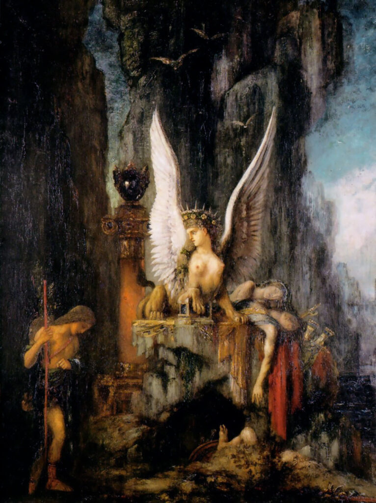 sphinx in art: Gustave Moreau, Oedipus and the Wanderer (The Equality Before the Face of Death), 1888, Musée de la Cour d’Or, Metz, France.
