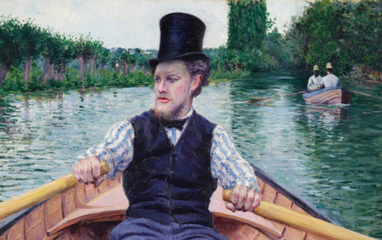 Gustave Caillebotte Painting His World: Gustave Caillebotte, Boating Party, c. 1877–1878, Musée d’Orsay, Paris, Purchased thanks to the exclusive patronage of LVMH, 2022. Photo courtesy of GrandPalaisRmn (Musée d’Orsay) / Sophie Crépy. Detail.
