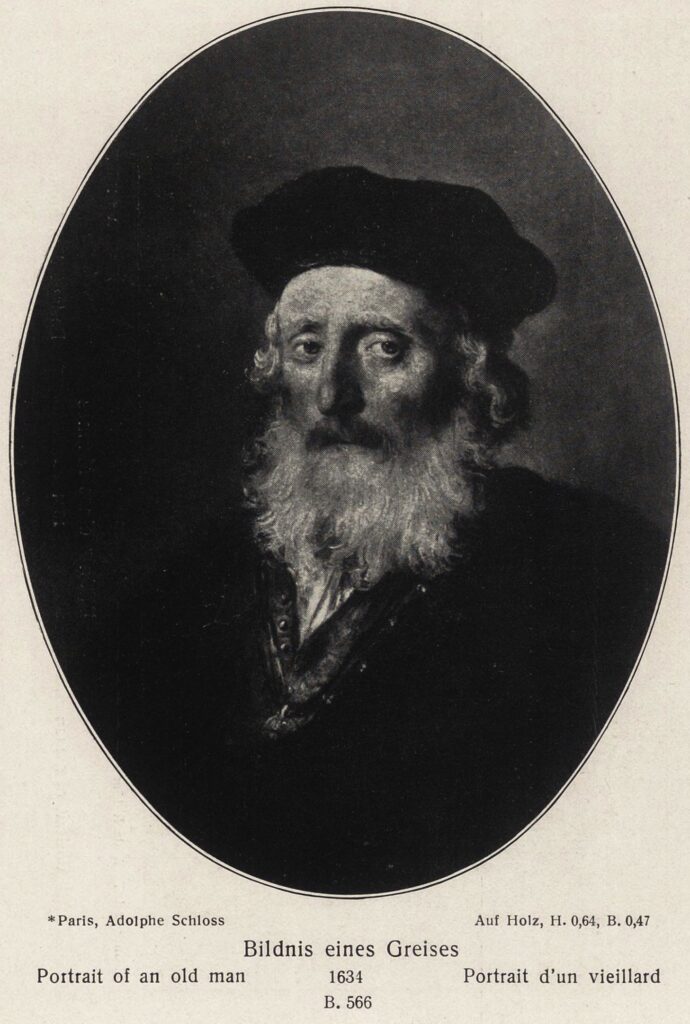 Schloss collection: Rembrandt van Rijn, Bust of an Old Man with a Beard and a Cap, 1634, private collection. Wikimedia Commons (public domain).
