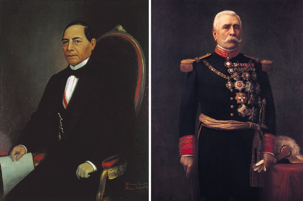 Cardón State of Oaxaca: Left: José Escudero y Espronceda, Benito Juárez, 1872, National Palace, Mexico City, Mexico. Right: Portrait of the Mexican President México Porfirio Díaz Mori, 19th century, Museo del Templo and Ex-Convento de Santo Domingo de Guzmán, Oaxaca City, Oaxaca, Mexico.

