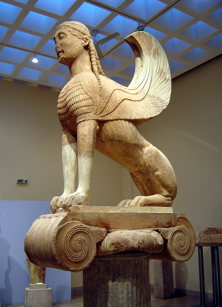 sphinx in art: Sphinx of Naxos, 560 BCE, Delphi Archaeological Museum, Delphi, Greece. Photograph by Ricardo André Frantz via Wikimedia Commons (CC BY-SA 3.0).
