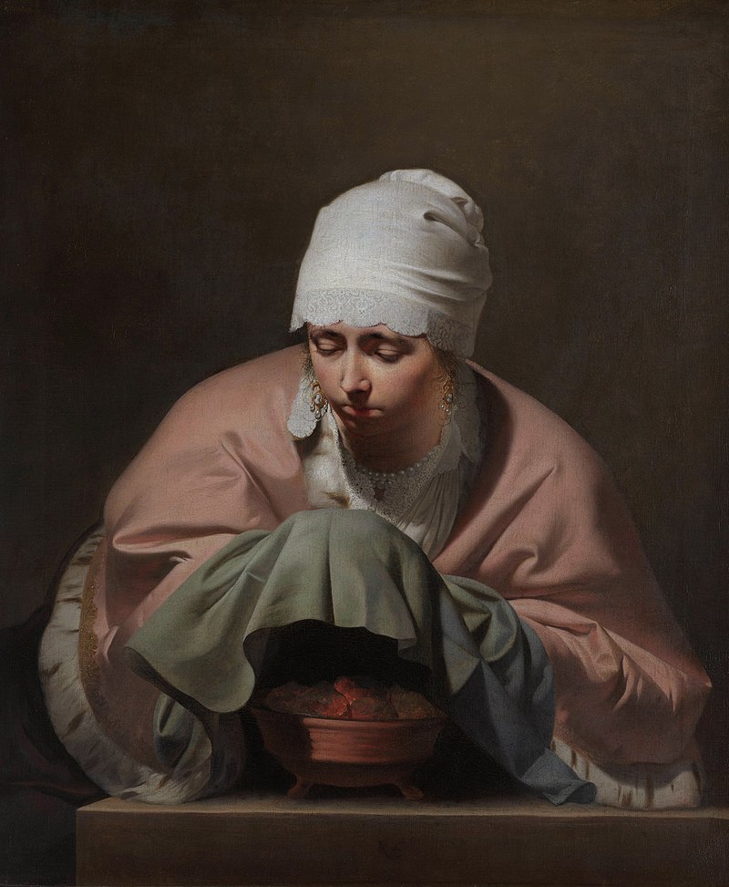 Everdingen Woman in a Large Hat: Caesar van Everdingen, A Young Woman Warming Her Hands over a Brazier: Allegory of Winter, c. 1644–1648, Rijksmuseum, Amsterdam, Netherlands.
