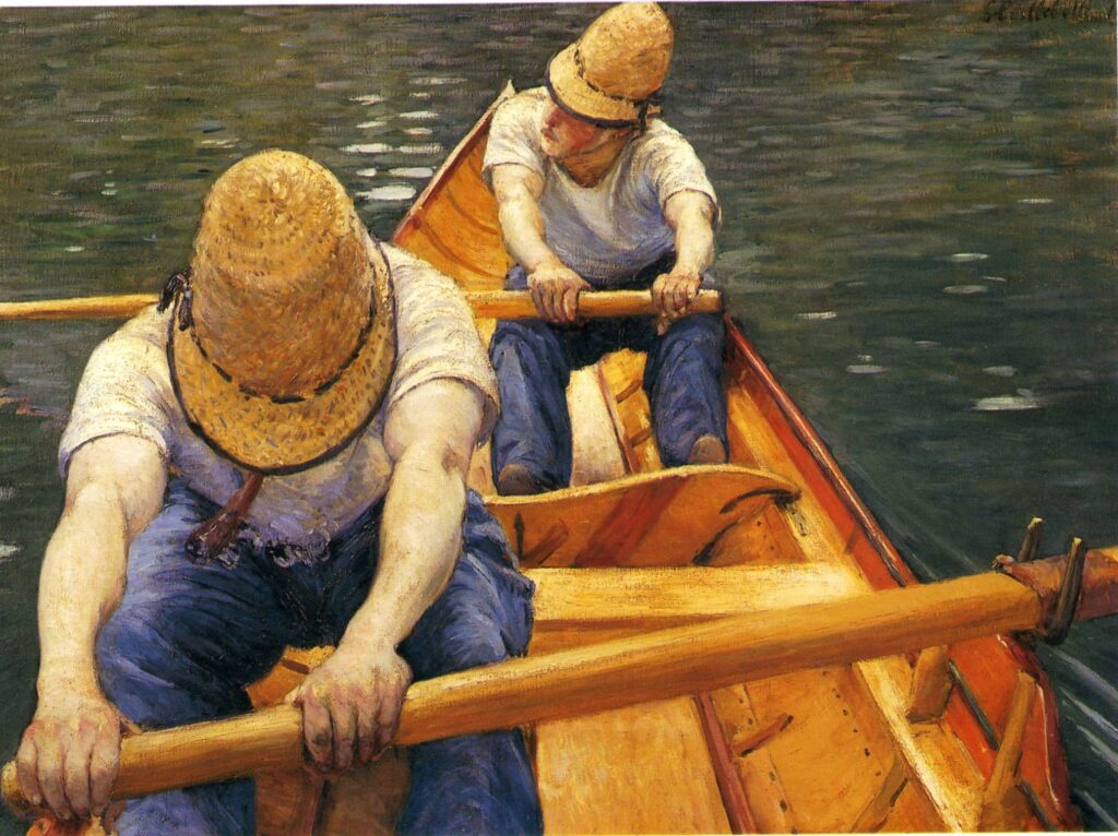 Gustave Caillebotte Painting His World: Gustave Caillebotte, Boaters Rowing on the Yerres, c. 1877, private collection. WikiArt.
