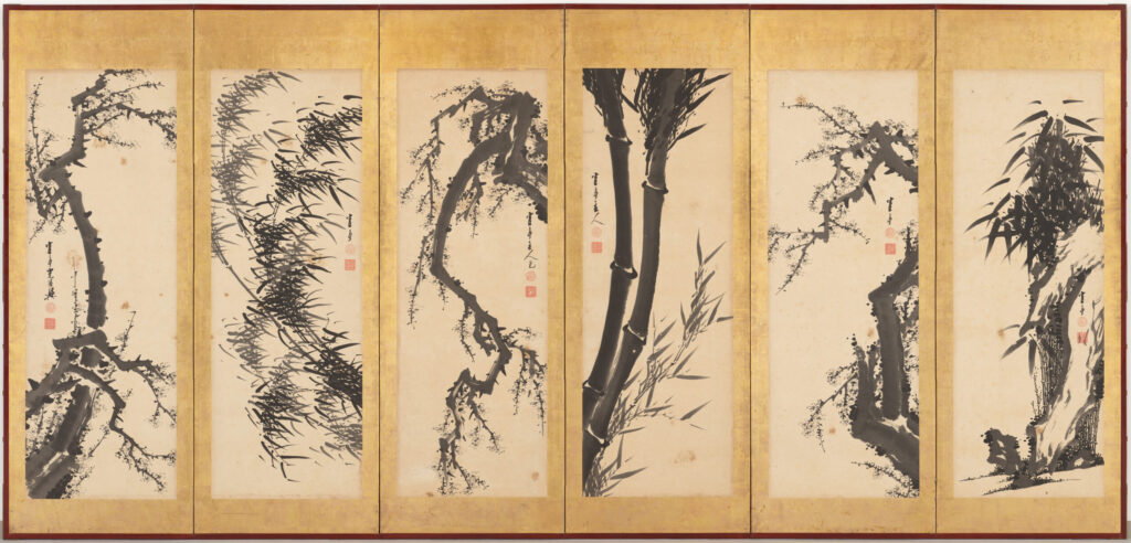 Fukuda Art Museum: Kakutei, Plum and Bamboo Pasted on Folding Screens (left side), 1767, Fukuda Art Museum, Kyoto, Japan.
