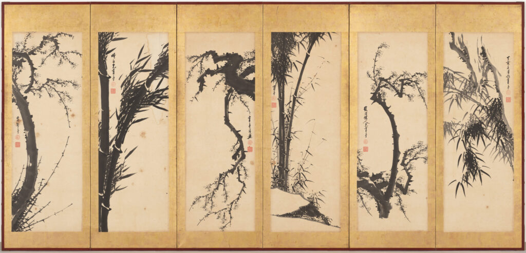 Fukuda Art Museum: Kakutei, Plum and Bamboo Pasted on Folding Screens (right side), 1767, Fukuda Art Museum, Kyoto, Japan.
