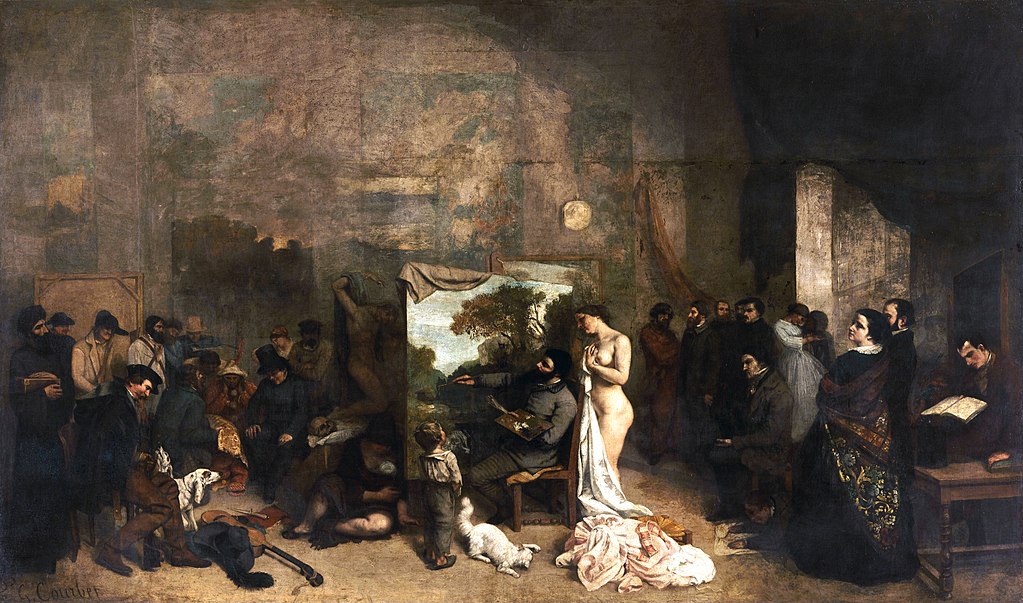 gustave courbet: Gustave Courbet, The Painter’s Studio, 1854–1855, Musée d’Orsay, Paris, France.
