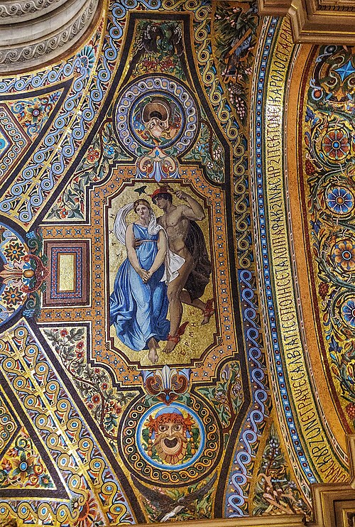 Opera Garnier: Mosaic panel with Hermes and Psyche, Opéra Garnier, Paris, France. Photograph by Gre regiment via Wikimedia Commons (CC BY-SA 4.0).
