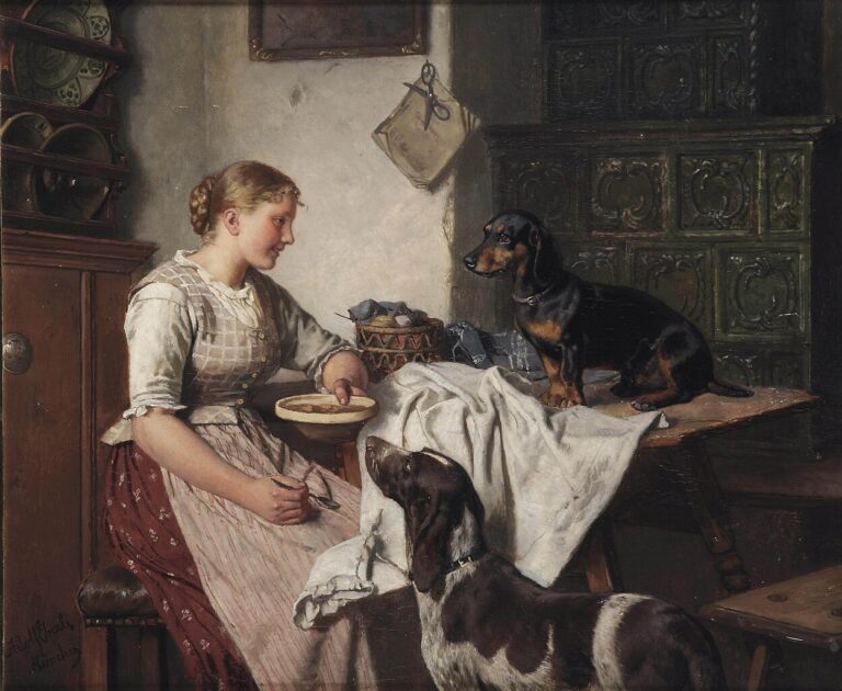 dogs women portraits: Adolf Eberle, Feeding the Dogs. Wikimedia Commons (public domain).
