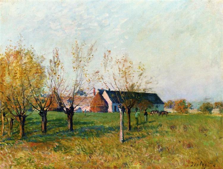 Impressionist Autumn Paintings: Alfred Sisley, The Farm at Trou d’Enfer, Autumn Morning, 1874, High Museum of Art, Atlanta, GA, USA, WikiArt.
