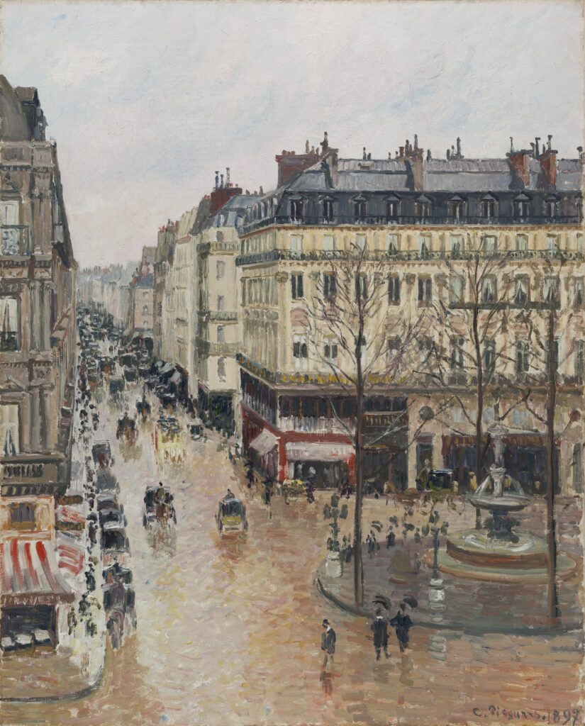 Impressionist Autumn Paintings: Camille Pissarro, Rue Saint-Honoré in the Afternoon. Effect of Rain, 1897, Thyssen-Bornemisza Museum, Madrid, Spain.
