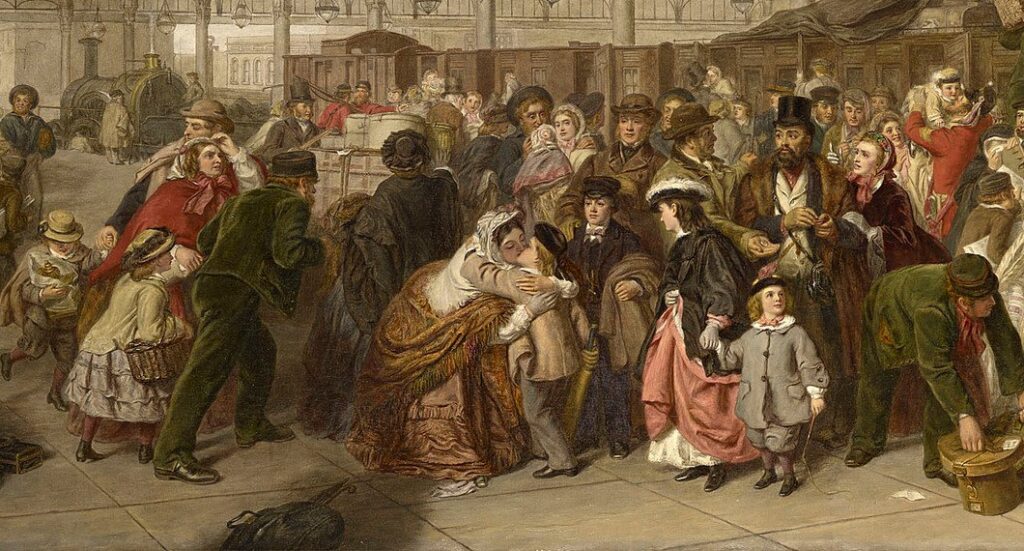 The Railway Station Frith: William Powell Frith, The Railway Station, c. 1862–1909, Royal Collection Trust, London, UK. Detail.
