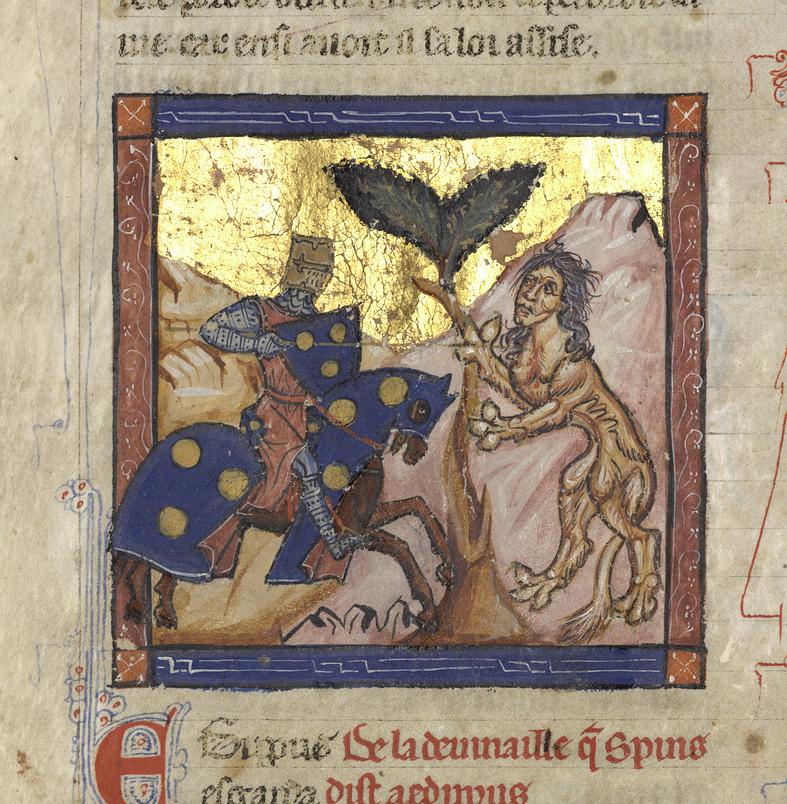 sphinx in art: Oedipus and the Sphinx, manuscript of Histoire ancienne jusqu’à César (Ms 562), f. 67v, c. 1260–1270, Bibliothèque municipale de Dijon, Dijon, France. Wikimedia Commons (public domain).
