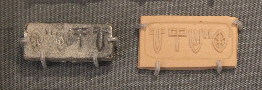 Indus Valley Civilization: Steatite seal with inscription in Indus script along with impression, British Museum, London, UK. Photograph by Zunkir via Wikimedia Commons (CC BY-SA 4.0).
